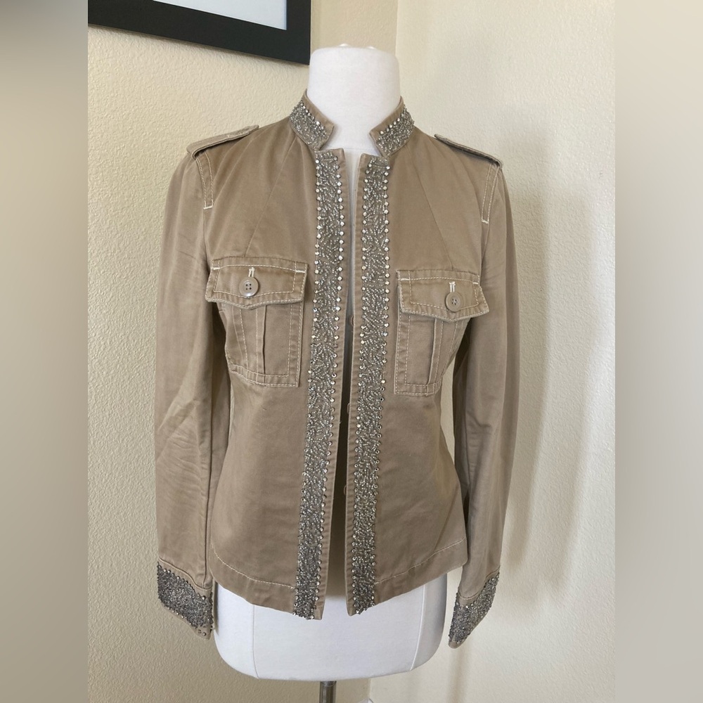 J. Crew beaded tan military jacket with pockets. Size XS Beaded front and wrists